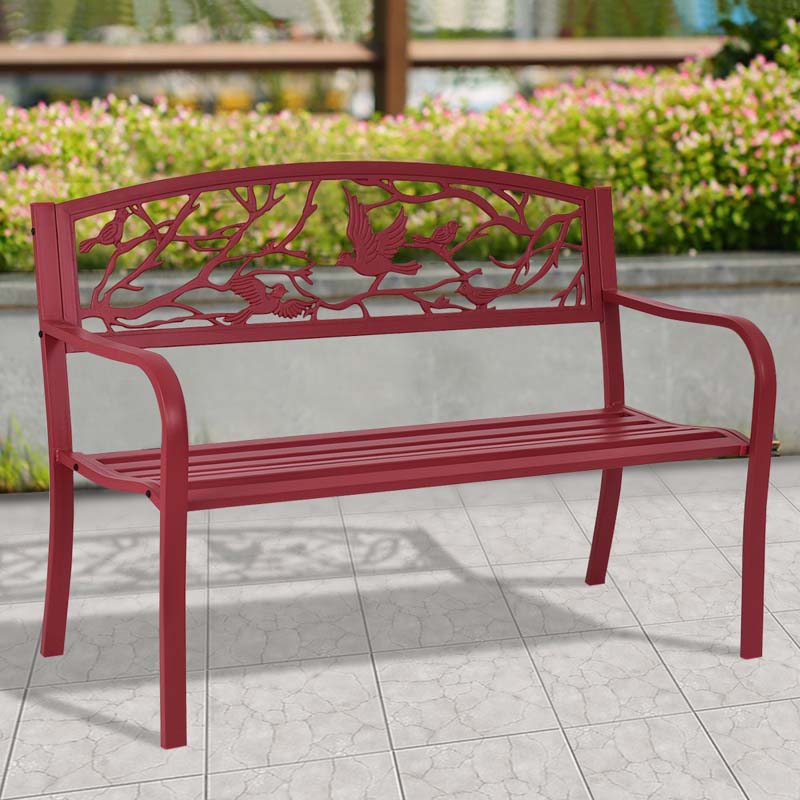 2-3 Person Heavy-Duty Metal Park Bench Outdoor Patio Chair Garden Bench with Bird & Twig Cast Iron Back Pattern