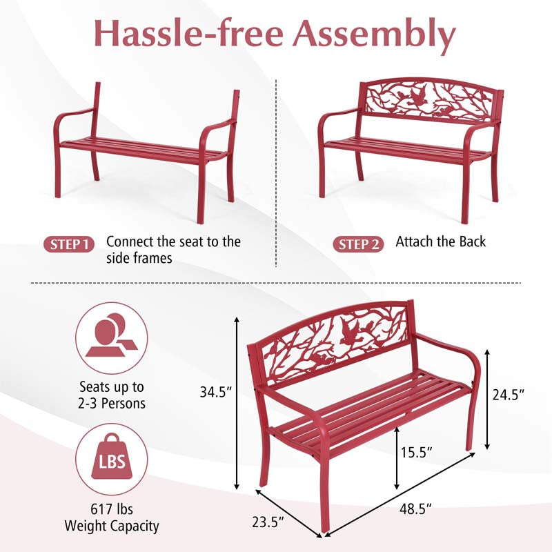 2-3 Person Heavy-Duty Metal Park Bench Outdoor Patio Chair Garden Bench with Bird & Twig Cast Iron Back Pattern