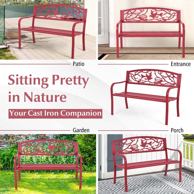 2-3 Person Heavy-Duty Metal Park Bench Outdoor Patio Chair Garden Bench with Bird & Twig Cast Iron Back Pattern