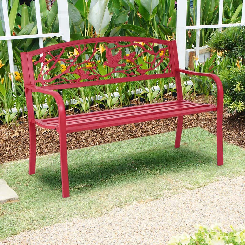2-3 Person Heavy-Duty Metal Park Bench Outdoor Patio Chair Garden Bench with Bird & Twig Cast Iron Back Pattern