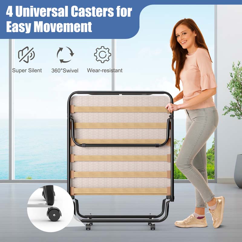 75" x 32" Rollaway Bed with Mattress, Portable Guest Bed Folding Sleeper Bed Cot