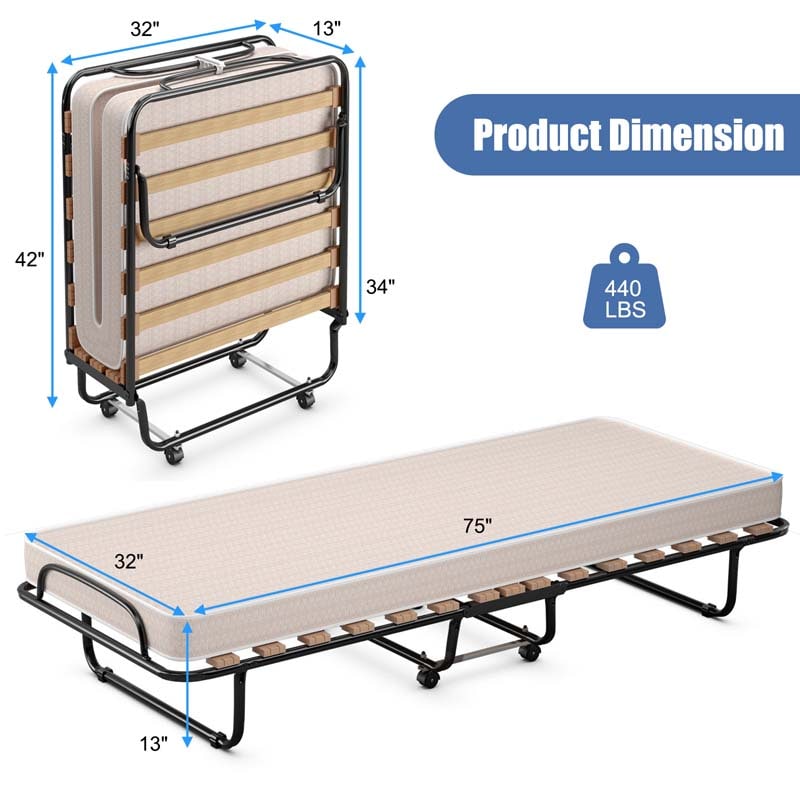 75" x 32" Rollaway Bed with Mattress, Portable Guest Bed Folding Sleeper Bed Cot