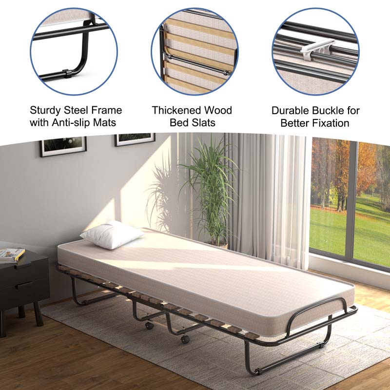 75" x 32" Rollaway Bed with Mattress, Portable Guest Bed Folding Sleeper Bed Cot