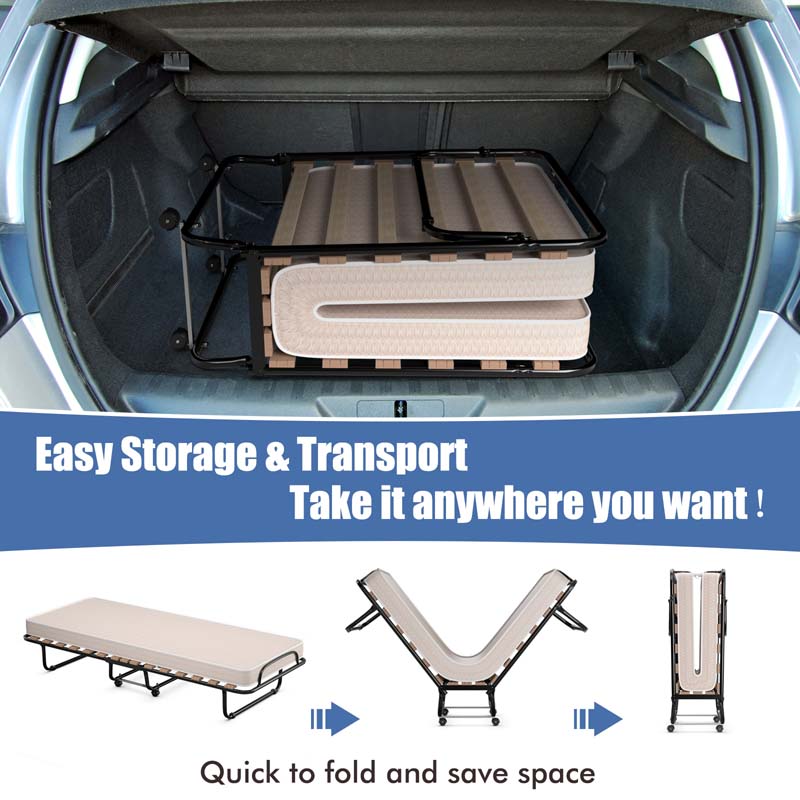75" x 32" Rollaway Bed with Mattress, Portable Guest Bed Folding Sleeper Bed Cot