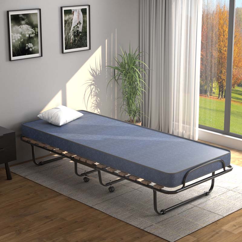 75" x 32" Rollaway Bed with Mattress, Portable Guest Bed Folding Sleeper Bed Cot