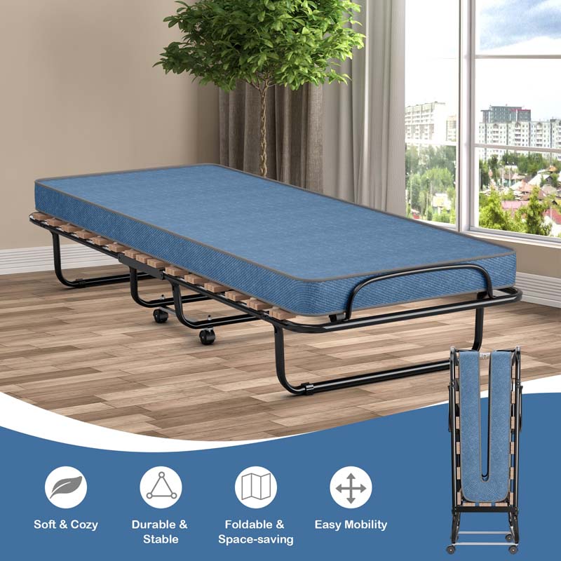 75" x 32" Rollaway Bed with Mattress, Portable Guest Bed Folding Sleeper Bed Cot