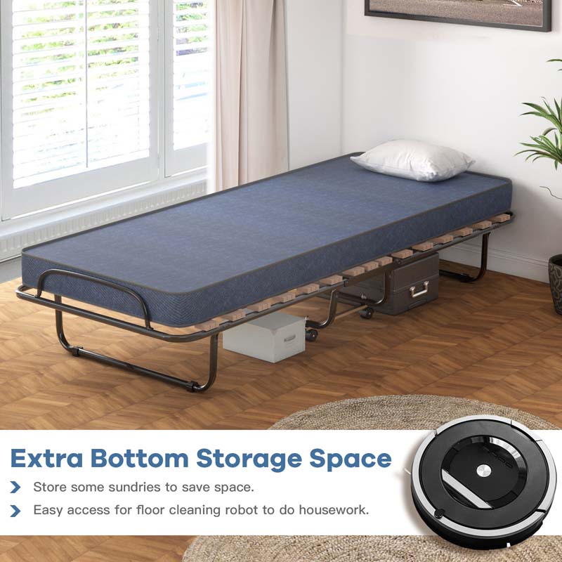 75" x 32" Rollaway Bed with Mattress, Portable Guest Bed Folding Sleeper Bed Cot