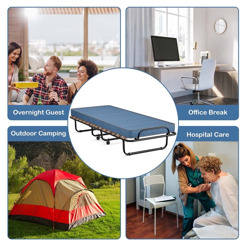 75" x 32" Rollaway Bed with Mattress, Portable Guest Bed Folding Sleeper Bed Cot