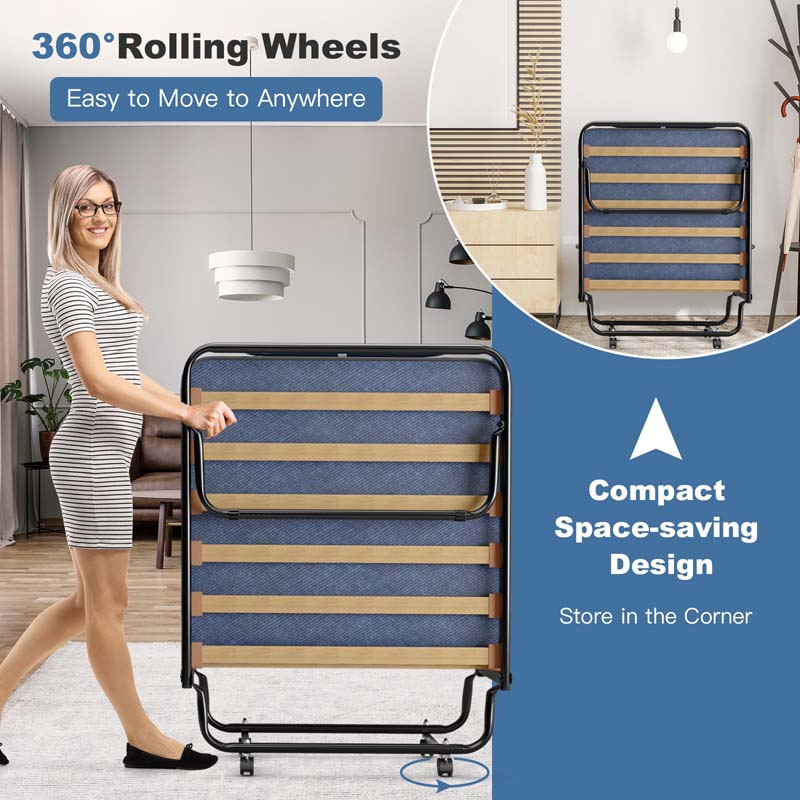 75" x 32" Rollaway Bed with Mattress, Portable Guest Bed Folding Sleeper Bed Cot