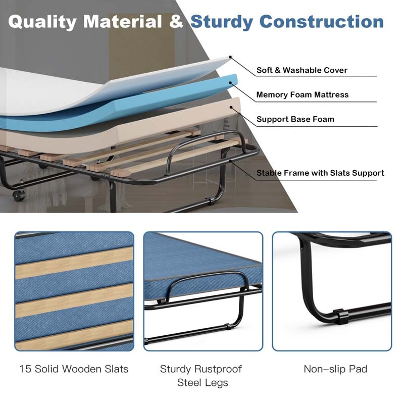 75" x 32" Rollaway Bed with Mattress, Portable Guest Bed Folding Sleeper Bed Cot