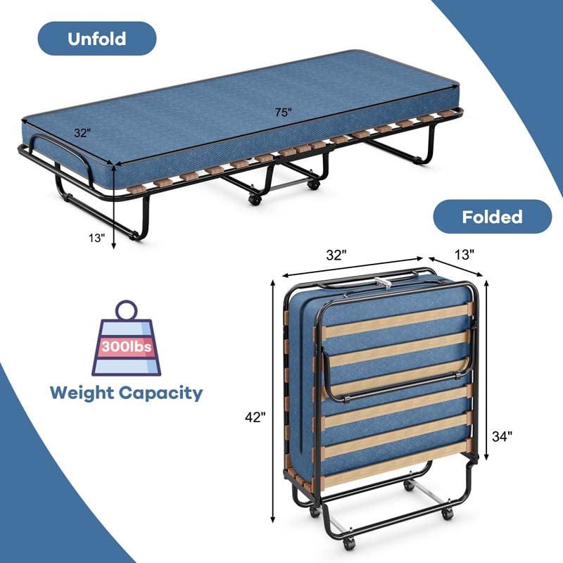 75" x 32" Rollaway Bed with Mattress, Portable Guest Bed Folding Sleeper Bed Cot
