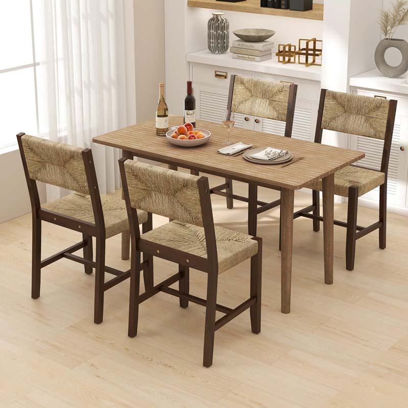 Rubber & Acacia Wood Rattan Dining Chairs with Woven Seaweed Backrest & Seat, Farmhouse Cane Side Chairs for Kitchen Dining Room