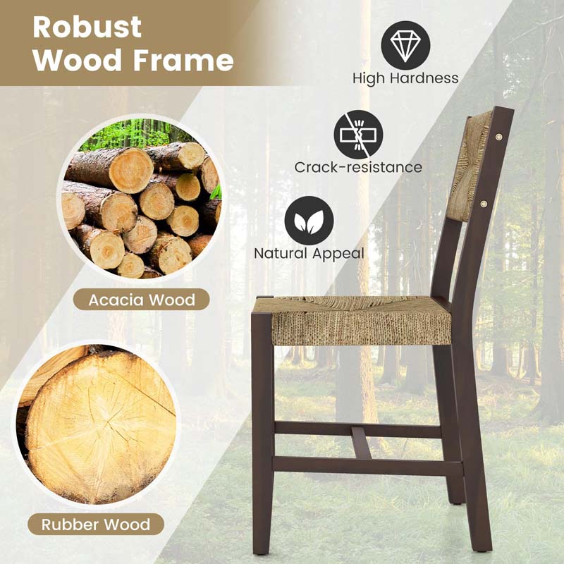Rubber & Acacia Wood Rattan Dining Chairs with Woven Seaweed Backrest & Seat, Farmhouse Cane Side Chairs for Kitchen Dining Room