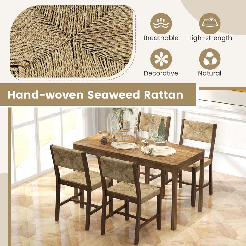 Rubber & Acacia Wood Rattan Dining Chairs with Woven Seaweed Backrest & Seat, Farmhouse Cane Side Chairs for Kitchen Dining Room