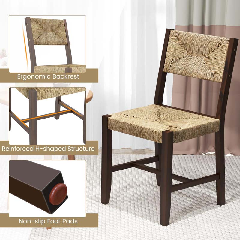 Rubber & Acacia Wood Rattan Dining Chairs with Woven Seaweed Backrest & Seat, Farmhouse Cane Side Chairs for Kitchen Dining Room