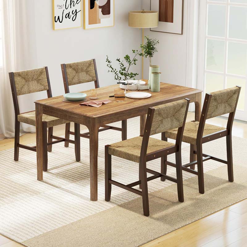 Rubber & Acacia Wood Rattan Dining Chairs with Woven Seaweed Backrest & Seat, Farmhouse Cane Side Chairs for Kitchen Dining Room