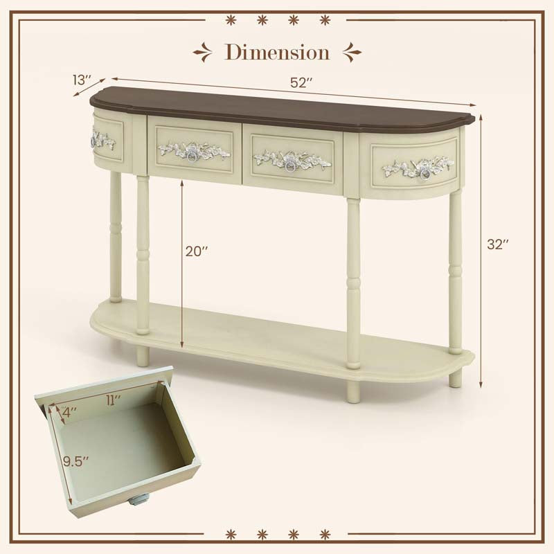 52" Long Retro Console Table with Drawers & Open Shelf, Vintage Half-Moon Entryway Table for Living Room Hallway