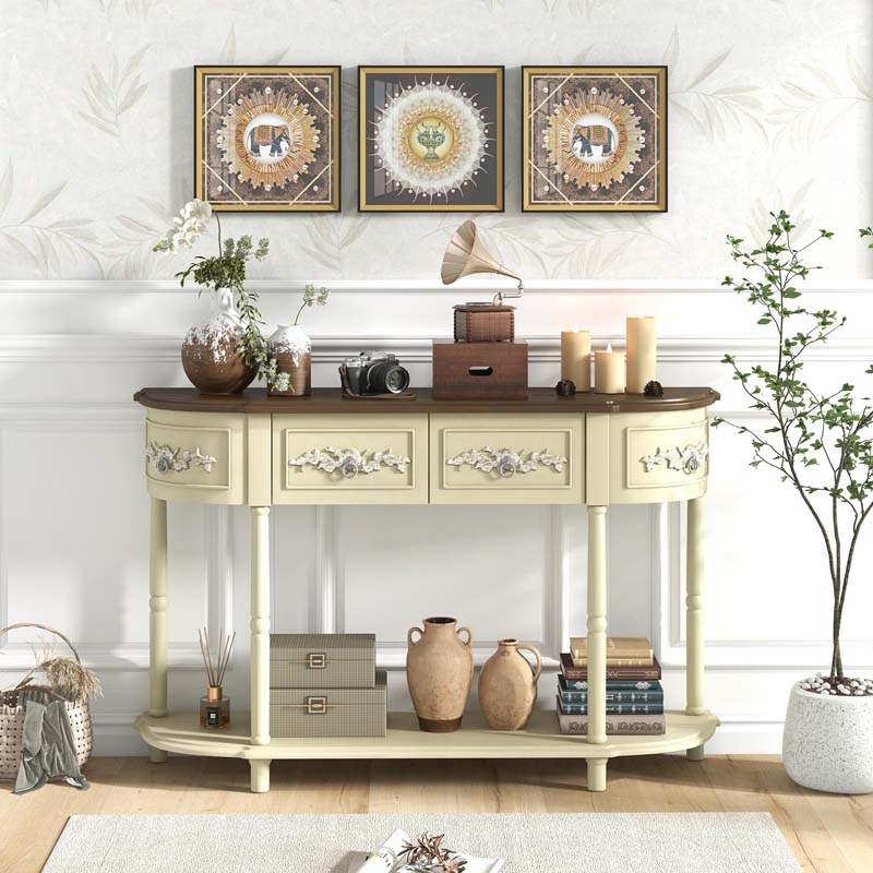 52" Long Retro Console Table with Drawers & Open Shelf, Vintage Half-Moon Entryway Table for Living Room Hallway