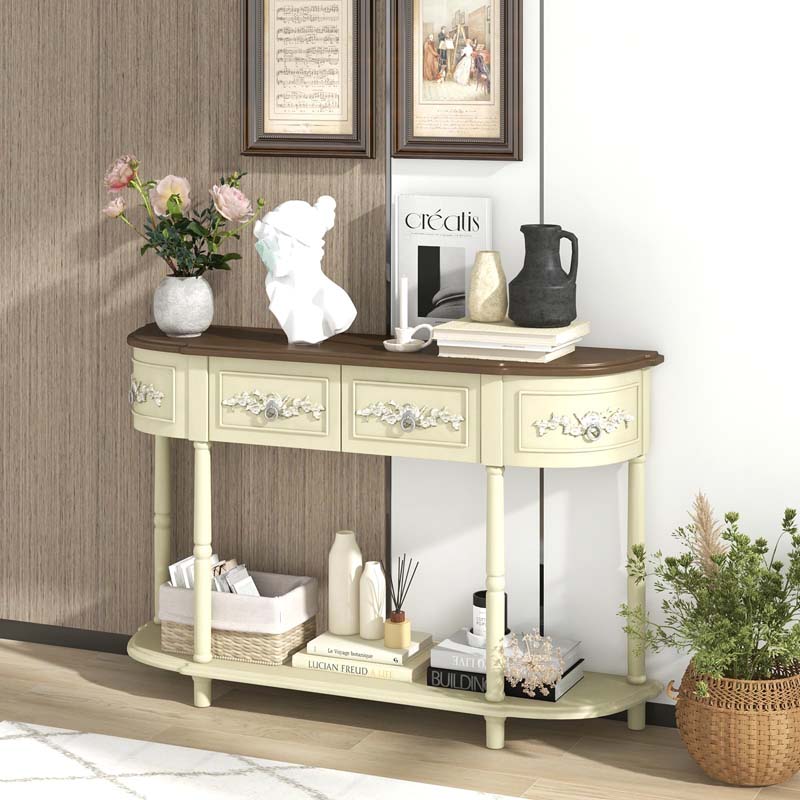 52" Long Retro Console Table with Drawers & Open Shelf, Vintage Half-Moon Entryway Table for Living Room Hallway