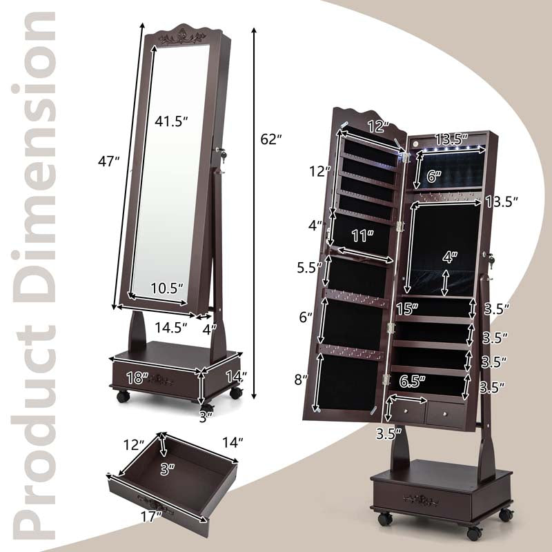 6 LEDs Mirror Floor Standing Jewelry Armoire with Wheels, Lockable Jewelry Cabinet Storage Organizer w/Full-Length Mirror and 3 Adjustable Angles