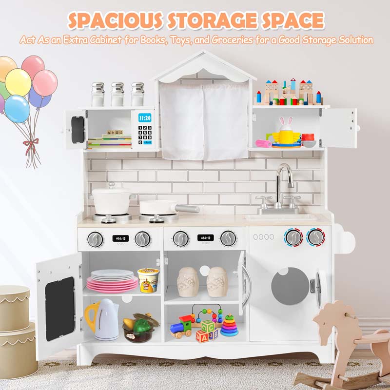 31" Rooftop Wooden Kids Kitchen Playset with Microwave, Windows, Clock, Cookware, Little Chef Pretend Cooking Play Toy Set