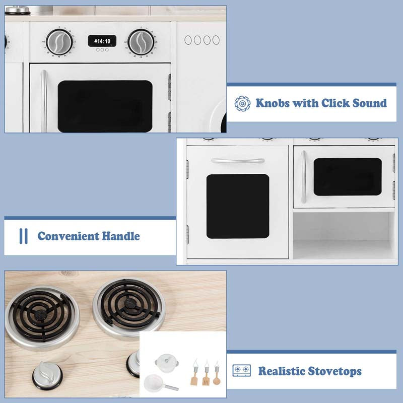 31" Rooftop Wooden Kids Kitchen Playset with Microwave, Windows, Clock, Cookware, Little Chef Pretend Cooking Play Toy Set