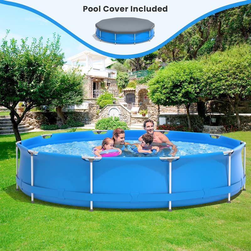 12 FT x 31.5 Inch Round Above Ground Swimming Pool with Pool Cover, CPSIA Certified Outdoor Steel Frame Pool