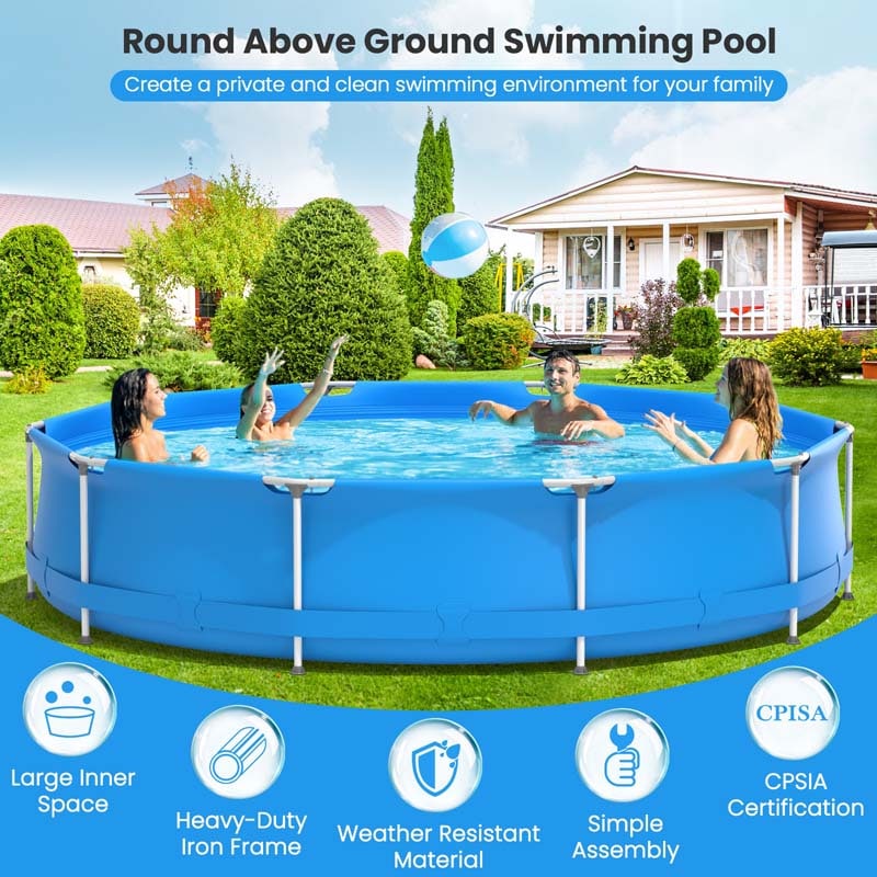 12 FT x 31.5 Inch Round Above Ground Swimming Pool with Pool Cover, CPSIA Certified Outdoor Steel Frame Pool