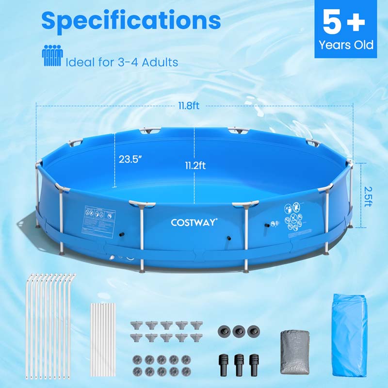 12 FT x 31.5 Inch Round Above Ground Swimming Pool with Pool Cover, CPSIA Certified Outdoor Steel Frame Pool