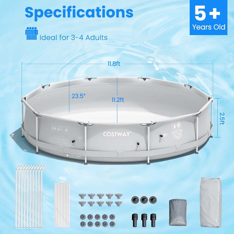 12 FT x 31.5 Inch Round Above Ground Swimming Pool with Pool Cover, CPSIA Certified Outdoor Steel Frame Pool