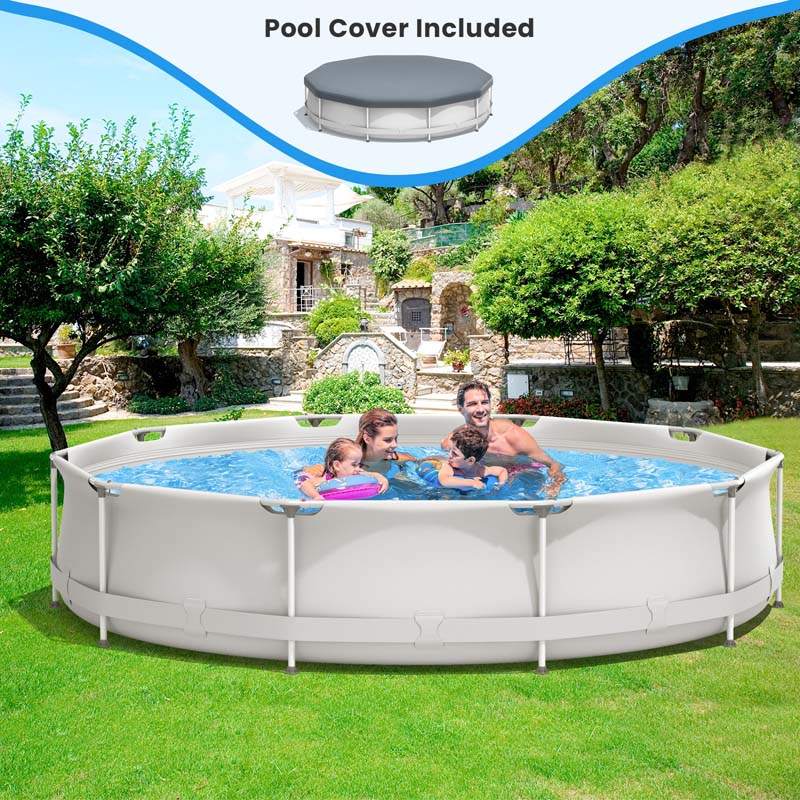 12 FT x 31.5 Inch Round Above Ground Swimming Pool with Pool Cover, CPSIA Certified Outdoor Steel Frame Pool
