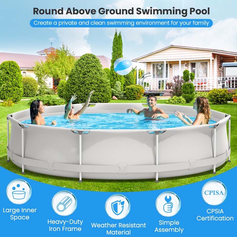 12 FT x 31.5 Inch Round Above Ground Swimming Pool with Pool Cover, CPSIA Certified Outdoor Steel Frame Pool