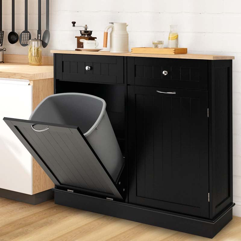 Tilt Out Trash Cabinet Kitchen Cabinet with 2 Drawers & Adjustable Shelf, Rubber Wood Counter Top, Recycle Bins for Dining Room, Kitchen