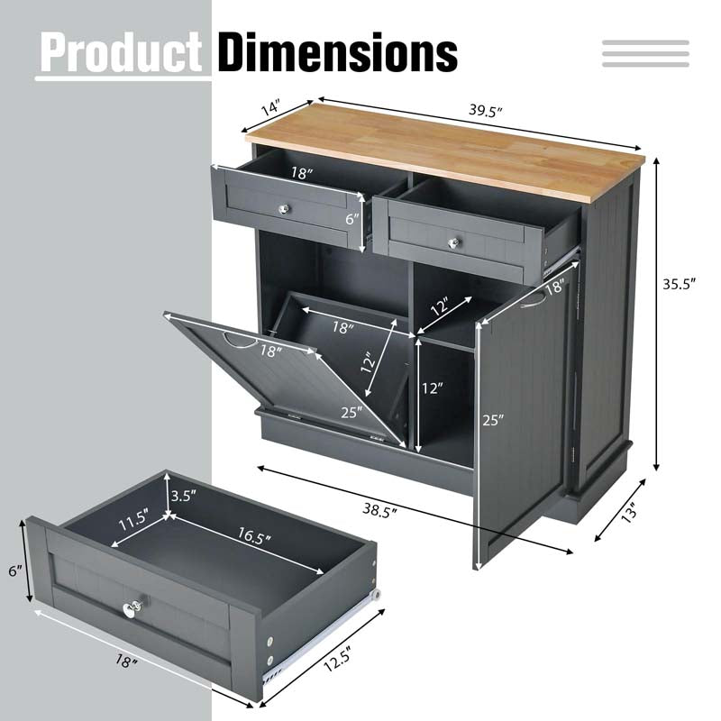 Tilt Out Trash Cabinet Kitchen Cabinet with 2 Drawers & Adjustable Shelf, Rubber Wood Counter Top, Recycle Bins for Dining Room, Kitchen
