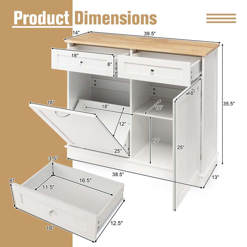 Tilt Out Trash Cabinet Kitchen Cabinet with 2 Drawers & Adjustable Shelf, Rubber Wood Counter Top, Recycle Bins for Dining Room, Kitchen