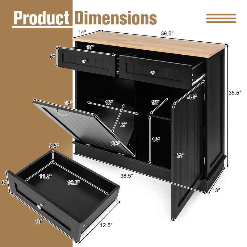 Tilt Out Trash Cabinet Kitchen Cabinet with 2 Drawers & Adjustable Shelf, Rubber Wood Counter Top, Recycle Bins for Dining Room, Kitchen