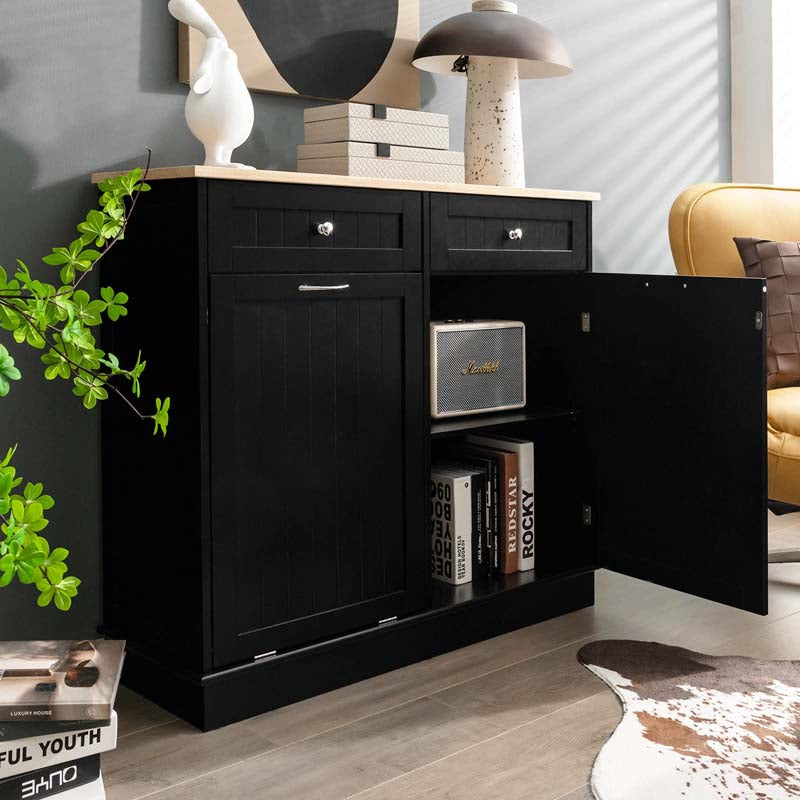 Tilt Out Trash Cabinet Kitchen Cabinet with 2 Drawers & Adjustable Shelf, Rubber Wood Counter Top, Recycle Bins for Dining Room, Kitchen