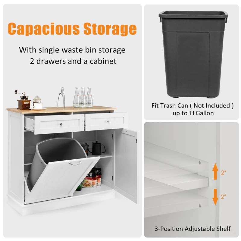Tilt Out Trash Cabinet Kitchen Cabinet with 2 Drawers & Adjustable Shelf, Rubber Wood Counter Top, Recycle Bins for Dining Room, Kitchen