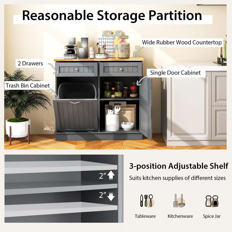 Tilt Out Trash Cabinet Kitchen Cabinet with 2 Drawers & Adjustable Shelf, Rubber Wood Counter Top, Recycle Bins for Dining Room, Kitchen
