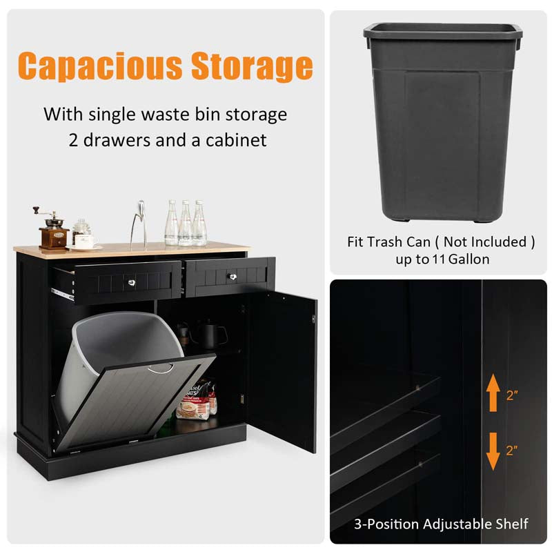 Tilt Out Trash Cabinet Kitchen Cabinet with 2 Drawers & Adjustable Shelf, Rubber Wood Counter Top, Recycle Bins for Dining Room, Kitchen