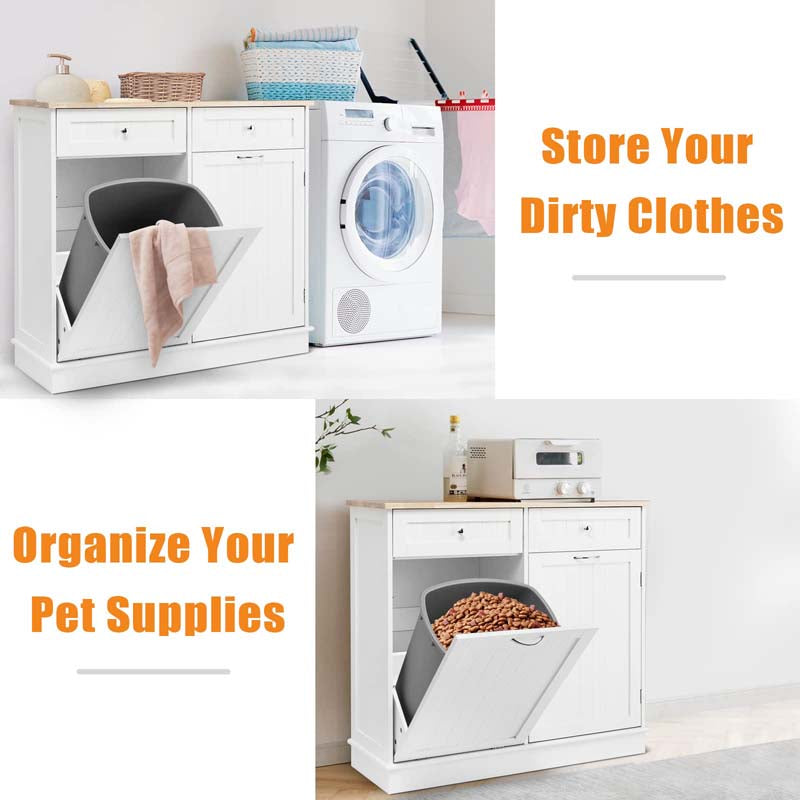 Tilt Out Trash Cabinet Kitchen Cabinet with 2 Drawers & Adjustable Shelf, Rubber Wood Counter Top, Recycle Bins for Dining Room, Kitchen