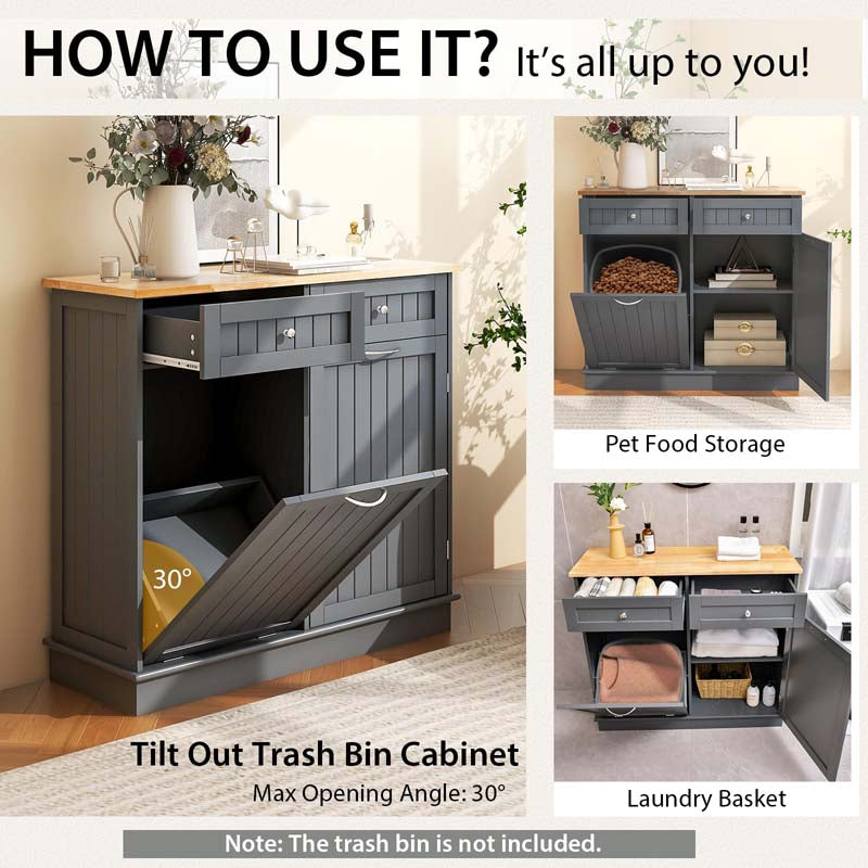 Tilt Out Trash Cabinet Kitchen Cabinet with 2 Drawers & Adjustable Shelf, Rubber Wood Counter Top, Recycle Bins for Dining Room, Kitchen