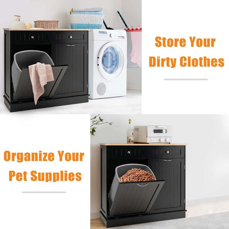 Tilt Out Trash Cabinet Kitchen Cabinet with 2 Drawers & Adjustable Shelf, Rubber Wood Counter Top, Recycle Bins for Dining Room, Kitchen