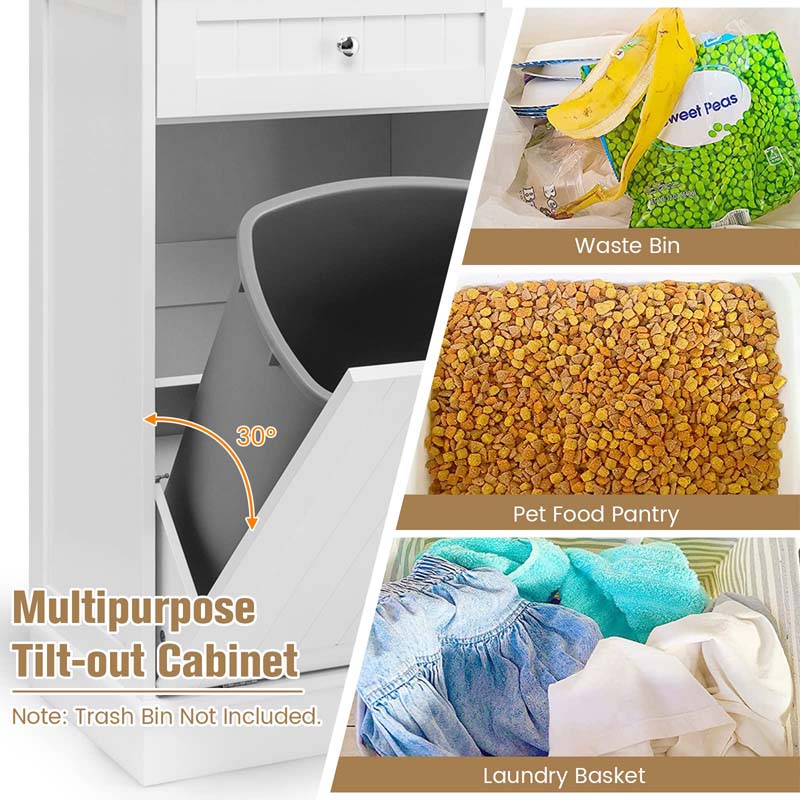 Tilt Out Trash Cabinet Kitchen Cabinet with 2 Drawers & Adjustable Shelf, Rubber Wood Counter Top, Recycle Bins for Dining Room, Kitchen