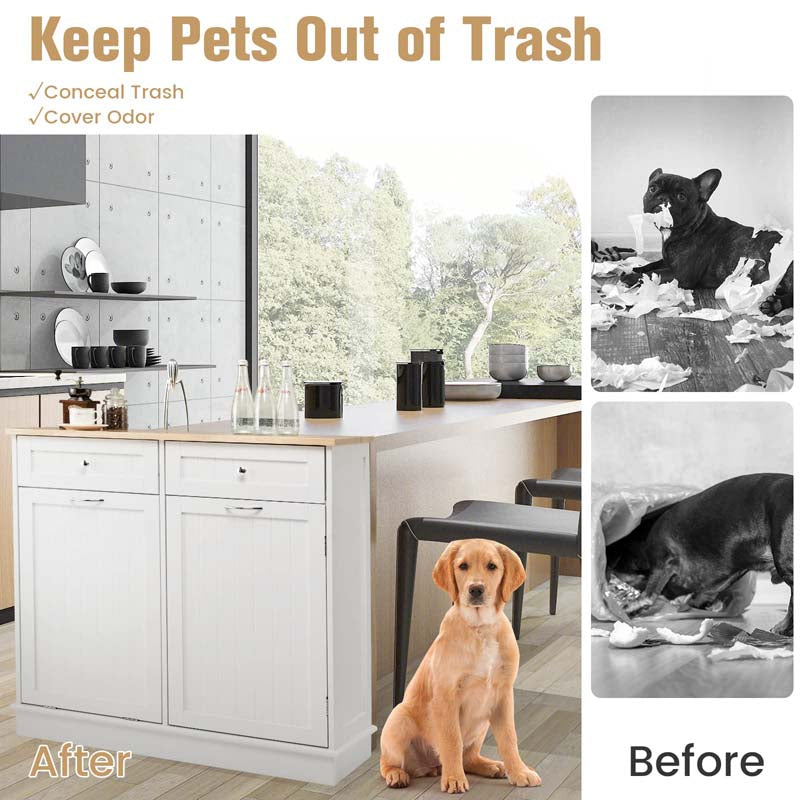 Tilt Out Trash Cabinet Kitchen Cabinet with 2 Drawers & Adjustable Shelf, Rubber Wood Counter Top, Recycle Bins for Dining Room, Kitchen