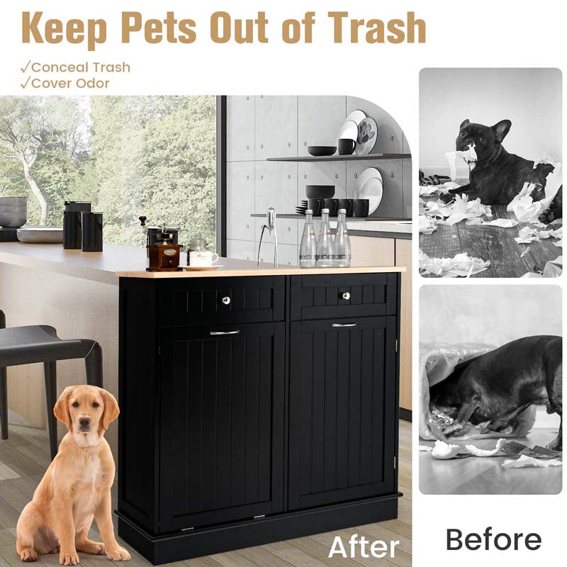 Tilt Out Trash Cabinet Kitchen Cabinet with 2 Drawers & Adjustable Shelf, Rubber Wood Counter Top, Recycle Bins for Dining Room, Kitchen