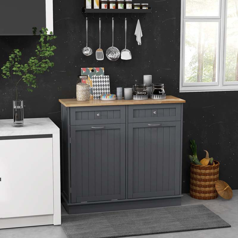 Tilt Out Trash Cabinet Kitchen Cabinet with 2 Drawers & Adjustable Shelf, Rubber Wood Counter Top, Recycle Bins for Dining Room, Kitchen
