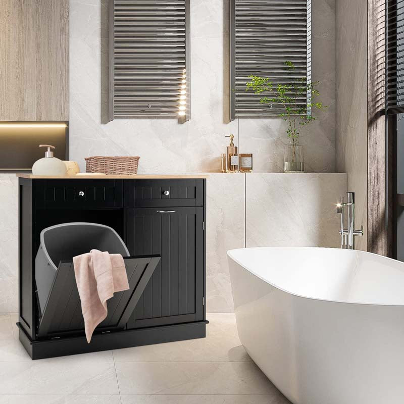 Tilt Out Trash Cabinet Kitchen Cabinet with 2 Drawers & Adjustable Shelf, Rubber Wood Counter Top, Recycle Bins for Dining Room, Kitchen