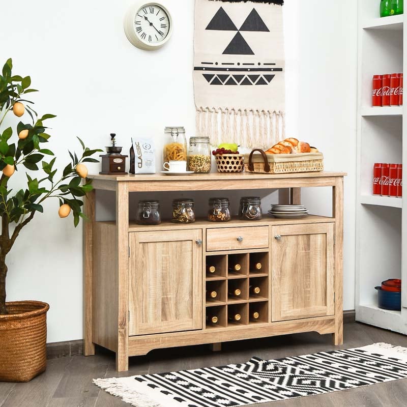 Wood Buffet Server Sideboard Console Table Utensils Organizer with 9 Wine Grids, 1 Drawer & 2 Cabinets