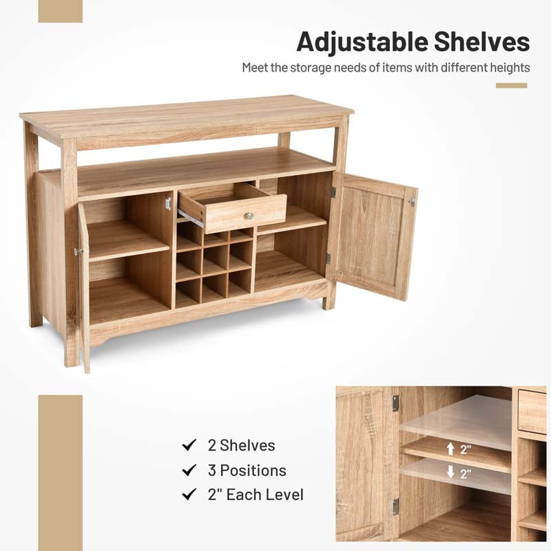 Wood Buffet Server Sideboard Console Table Utensils Organizer with 9 Wine Grids, 1 Drawer & 2 Cabinets